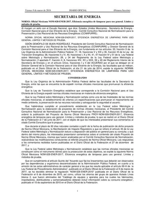 NOM 028 ENER 2017 DOF 09 marzo 2018