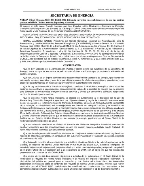 NORMA Oficial Mexicana NOM 011 ENER 2025