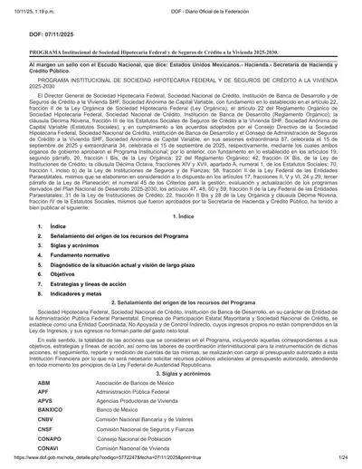 PROGRAMA Institucional de Sociedad Hipotecaria Federal y de Seguros de Credito a la Vivienda 2025 2030